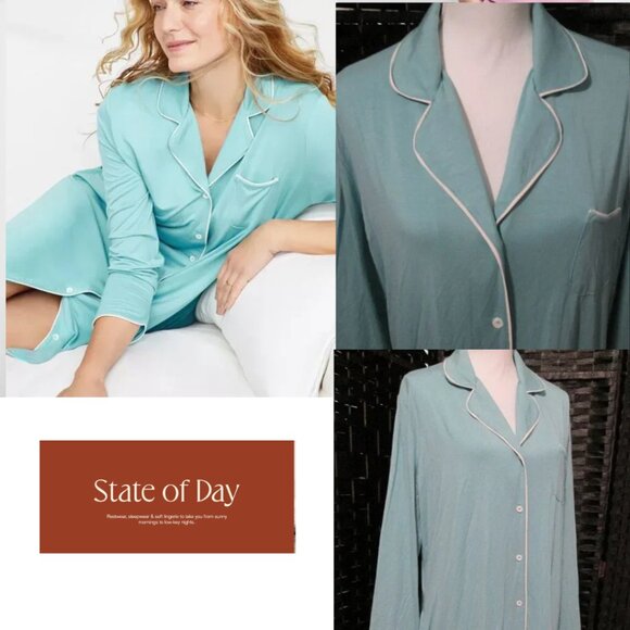 Macy's State of Day Notched Collar Sleepshirt Nile Blue w/White Piping NWT - Picture 1 of 8